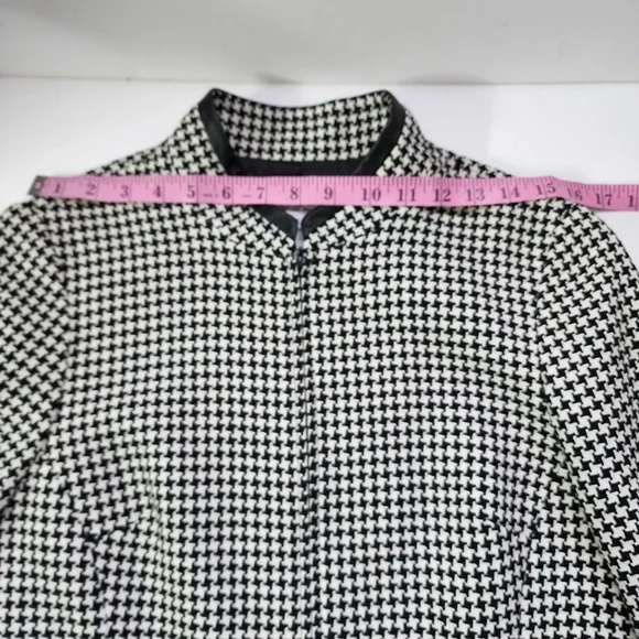 Pendleton Black & White Houndstooth 100% Wool Lamb Leather Trim Zip Up B…